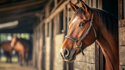 Fototapeta premium A brown horse peeks out from its wooden stable stall