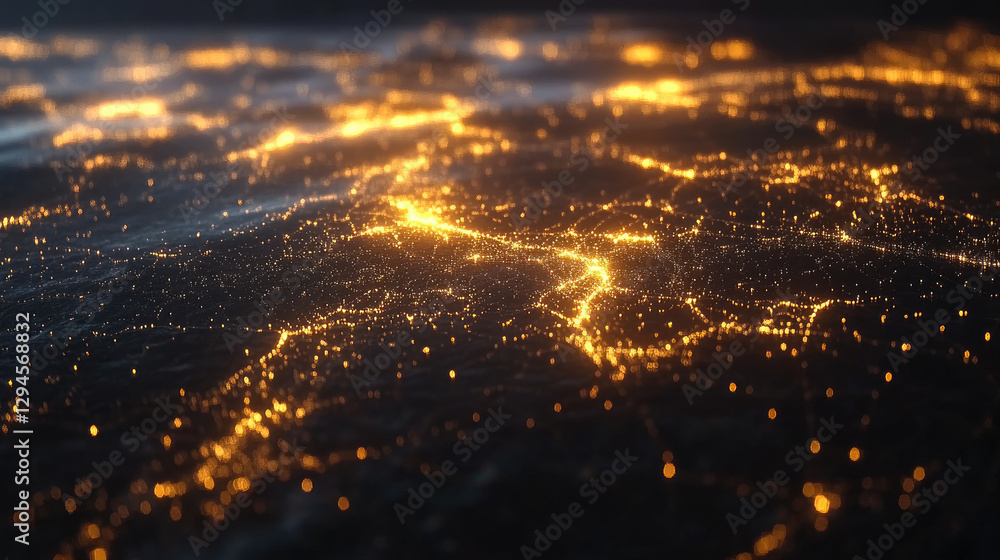 Poster interconnected glowing points create a luminous world map showcasing global connections against a sl
