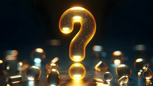isolated 3d render of yellow jelly model of question mark symbol in dark background