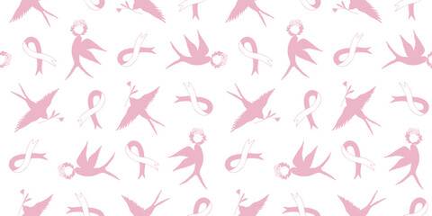 Seamless pattern with silhouettes of a spring swallow bird. Birds with spring flowers and wreaths, on the background of a breast cancer awareness ribbon. A conceptual pattern. Background design.