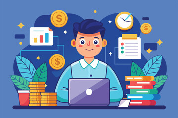 A cheerful character is focused on managing finances using a laptop, surrounded by charts and coins, Manage money Customizable Cartoon Illustration