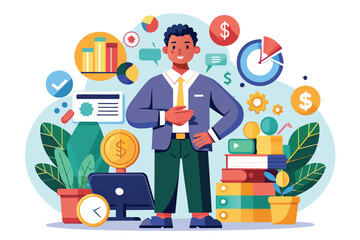 A young professional stands confidently among charts and plants, showcasing strong management skills, Manage money Customizable Disproportionate Illustration
