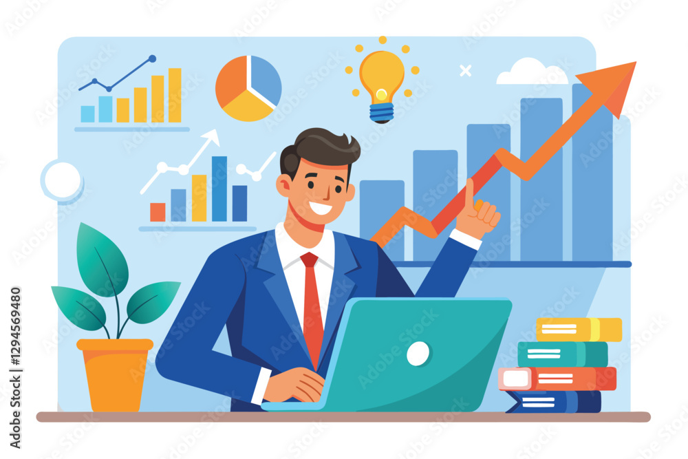 Poster a manager is reviewing sales growth data and charts while working on a laptop in an office setting, 