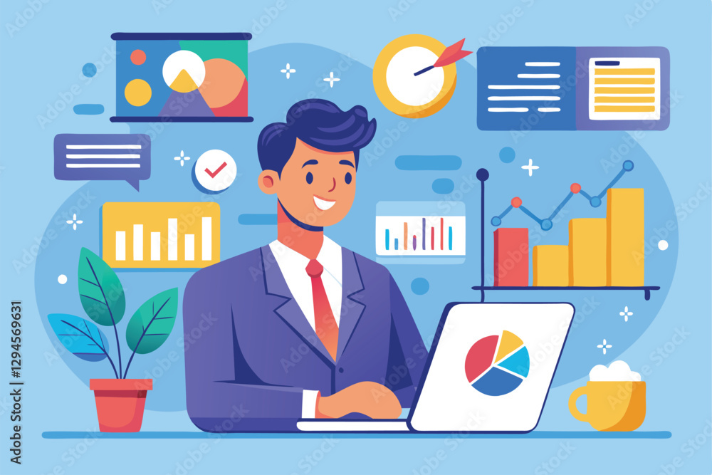 Poster a manager reviews business data on a laptop while analyzing various graphs and charts displayed arou