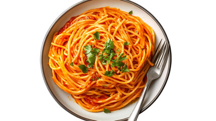 A spicy red sauce Mexican pasta on a plate isolated on a transparent background
