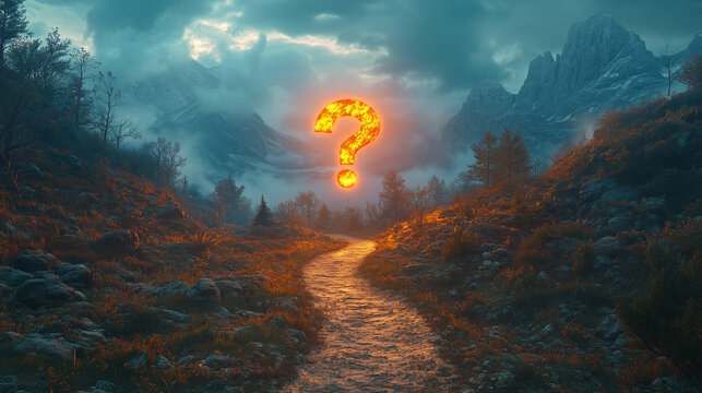 Mysterious Winding Mountain Path with Glowing Question Mark for Exploration and Uncertainty Concepts