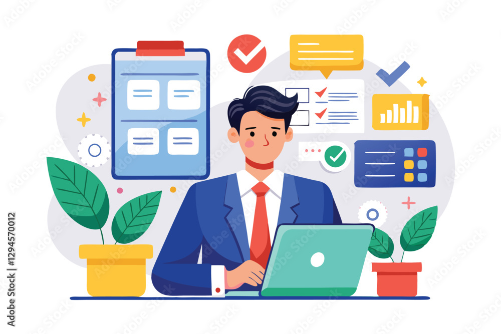 Poster a manager reviews important reports and tasks at a desk surrounded by plants and informative charts,