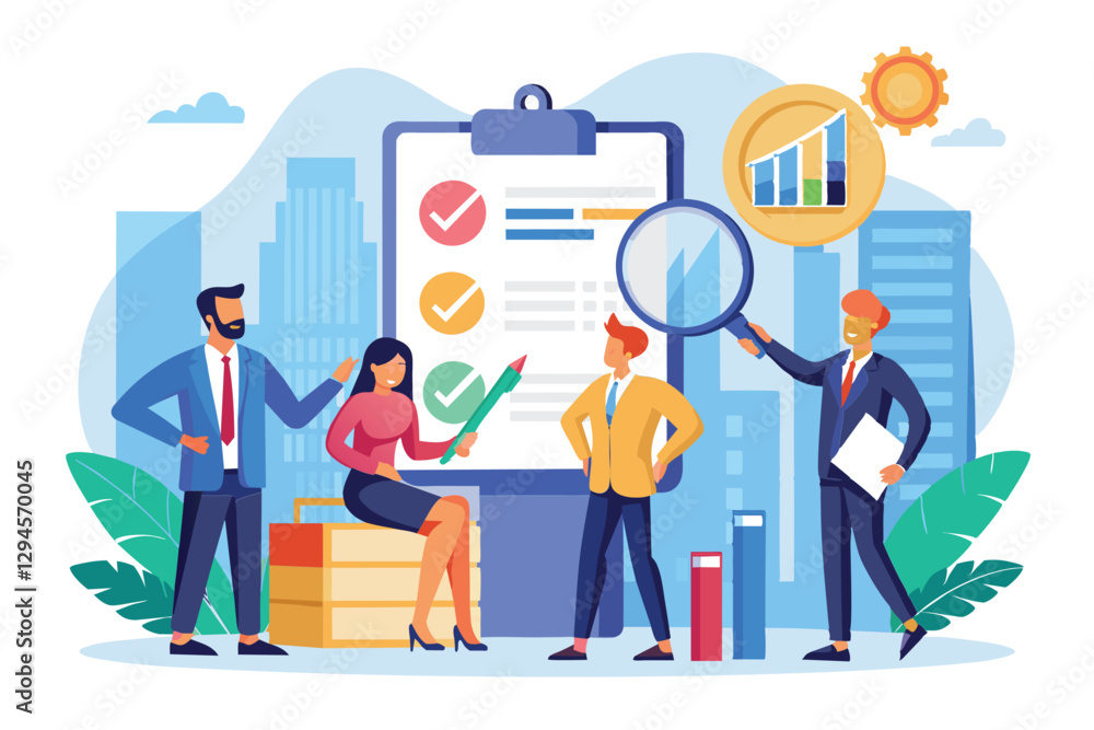 Poster a team of managers collaborates on auditing business rules with charts and documents during a daytim