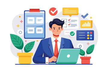 Fototapeta premium A manager reviews important reports and tasks at a desk surrounded by plants and informative charts, Manager reviews reports and tasks for each employee division to ensure successful work planning