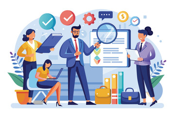 A group of managers reviews documents and discusses business strategies in an office environment, Managers audit business rules