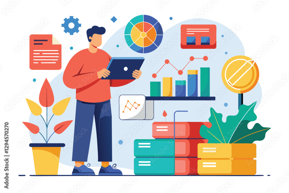 Poster a man stands in a bright workspace, reviewing data storage graphs and charts while surrounded by pla