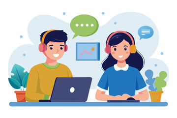 Fototapeta premium A young man and a girl are focused on their laptops, both wearing headphones and communicating, Man and girl in headphones sitting at laptops, technical support,