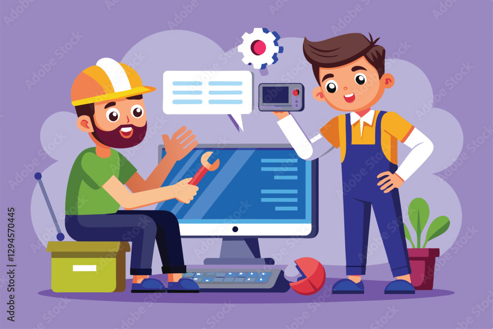 Poster a handyman is helping a man fix a computer error while discussing solutions in a colorful workspace,