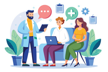 Fototapeta premium A doctor and a nurse assess a patient's needs and discuss the most effective treatment plans together, Man and woman diagnose patient and choose optimal method of treatment,