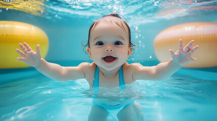 Happy baby playing in swimming pool during summer vacation