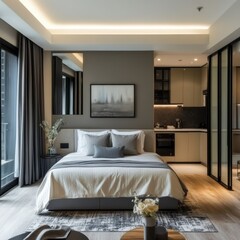 A modern bedroom interior with a bed and a kitchenette