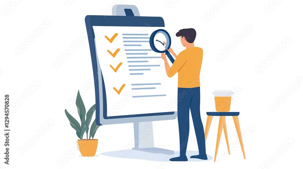 Poster quality assurance manager analyzing software testing reports in modern office environment