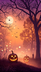 Jack-O'-Lanterns Glowing In A Foggy Graveyard Under A Full Moon. Spooky Halloween Scene With Bats, Bare Trees, And A Mysterious Atmosphere. Concept Of Horror, Mystery, And Seasonal Celebration