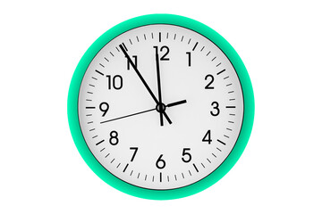 Green watch, wall clock 11 hours 45 minutes on isolated or white background close up