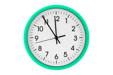 Green watch, wall clock 11 hours 45 minutes on isolated or white background close up