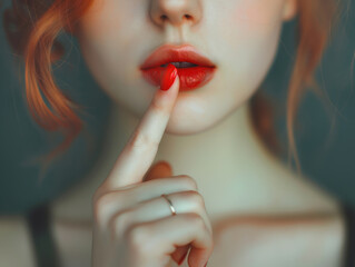 Married young woman's lips and wedding ring, making hush sign to keep a secret