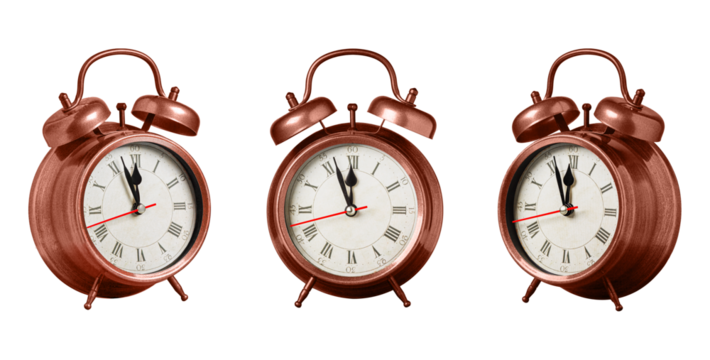 set collection retro clock, watch, pointer clock, Brown color alarm clock on isolated white background close up - Powered by Adobe