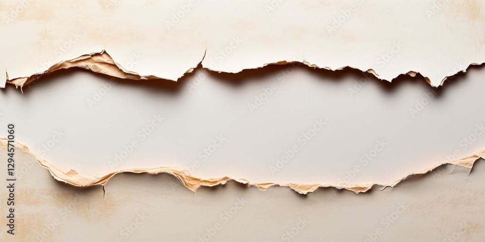 Poster torn paper reveal: a stark, close-up captures the texture and layers of torn paper, creating a frame