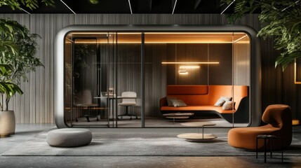 Co working space with a luxurious, cozy decor that promotes social distance for work that is both free and relaxing. Creative cooperative workspace concept for a transportable office for startups