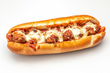 Close-up of a delicious meatball sub with melted cheese, set on a white background, showcasing its savory appeal.