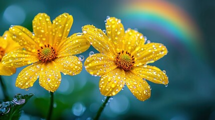 Dew-kissed yellow flowers, rainbow backdrop, garden, nature, poster