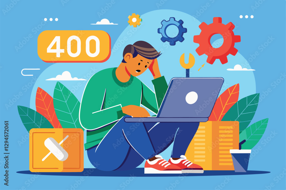 Poster a man is focused on resolving technical problems while working on his laptop surrounded by tools and