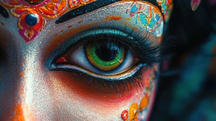 Realistic close-up of the Durga idolÃ¢â‚¬â„¢s face, with intricate designs and vibrant colors capturing the divinity of the goddess