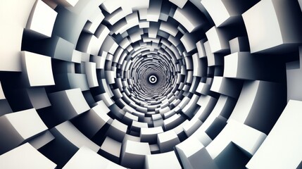 3D-style abstract spiral illusion with geometric shapes like cubes, spheres, and pyramids, giving depth to the design