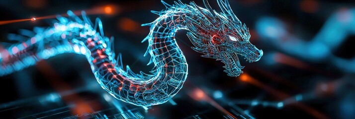 Obraz premium Holographic energy dragon coiling around an AI supercomputer, fusion of mythology and advanced technology, cyberpunk fantasy aesthetic