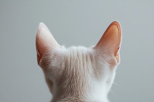 A white cat with its back turned, showcasing its soft, attentive ears.