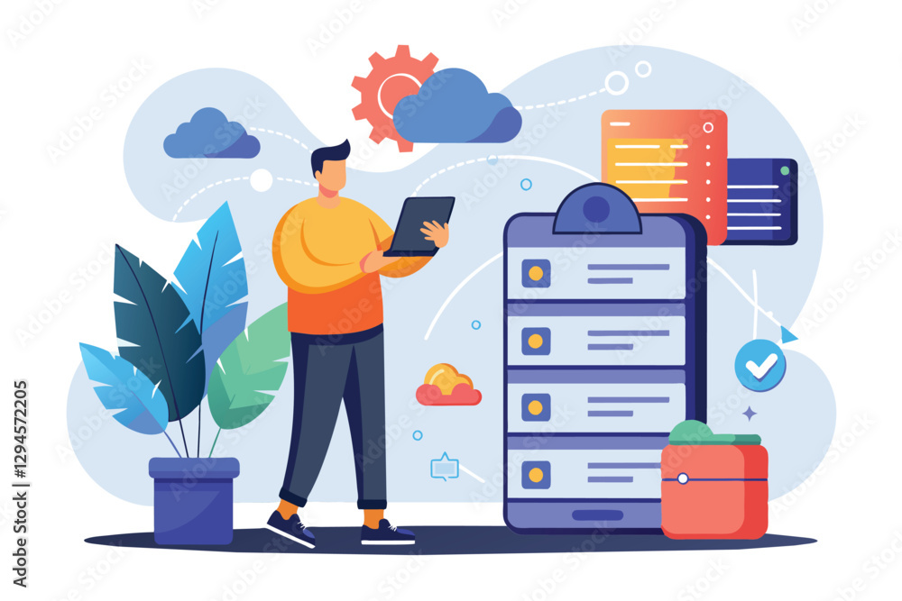 Poster a man is backing up his database using a mobile phone while surrounded by digital cloud elements, ma