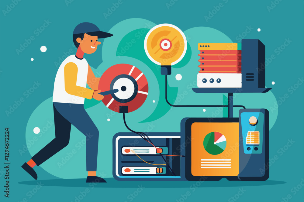 Poster a man is actively transferring data to an external drive while organizing his computer storage setup
