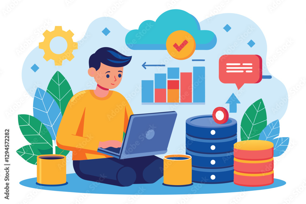 Poster a man is engaged in backing up and uploading data to a database while analyzing performance metrics,