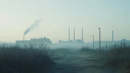 A distant factory looms in misty light as smokestacks emit vapor, blending with fog to create a calm yet eerie industrial scene.