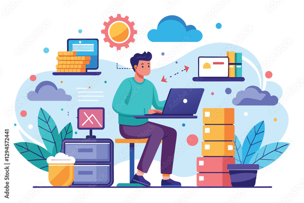 Poster a man is focused on synchronizing cloud data, surrounded by digital tools and devices in a creative 