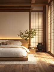 A modern bedroom with a japanese style design and ambiance