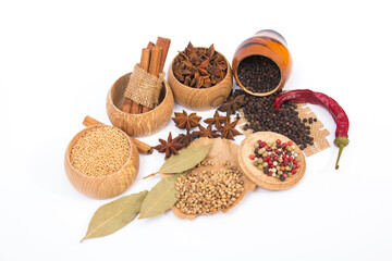 Different kinds of spices on white background. Cinnamon, black pepper, anise, bay leaf, mustard, coriander