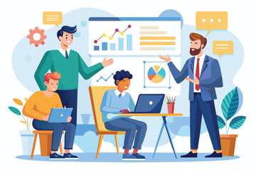 Fototapeta premium A business coach explains statistics and data strategies to professionals gathered in a modern conference environment, A manager coach explaining statistics to businessmen, trending