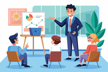 A man presents data to an engaged audience in a bright, contemporary office with large windows, man doing presentation