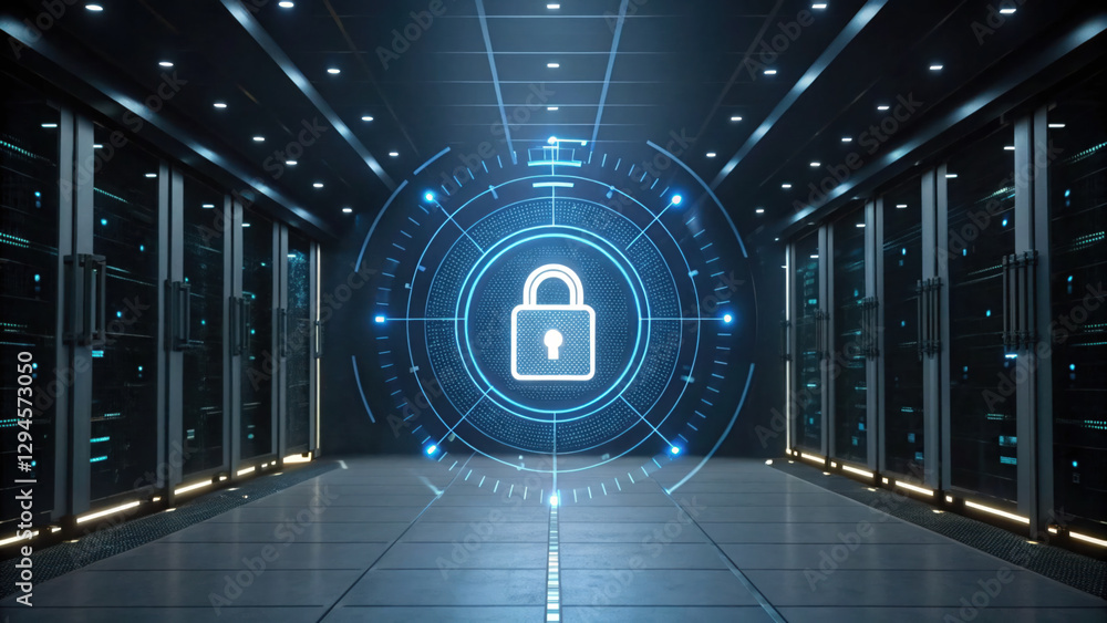 Poster secure financial data visualization in modern server room with lock symbol