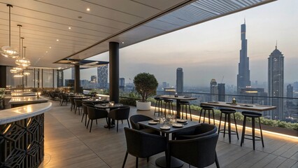 Luxury and Beautiful Rooftop Bar and Resturent Cafe : City Skyline View and Modern Design