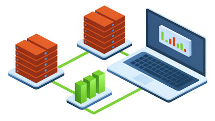 sleek isometric 3D illustration depicting data storage and analysis with servers and laptop