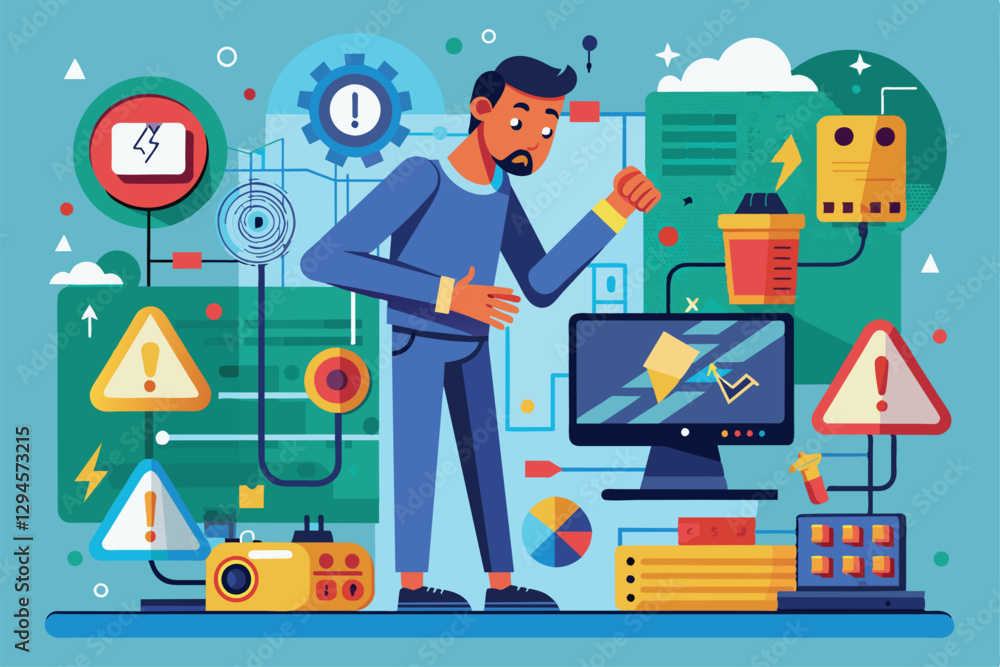 Poster a man engages with various tech components and displays, addressing a system issue in an office sett