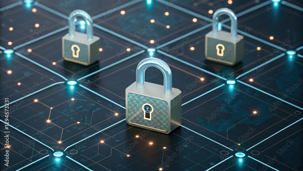 Poster secure digital locks on network grid, representing cybersecurity and protection