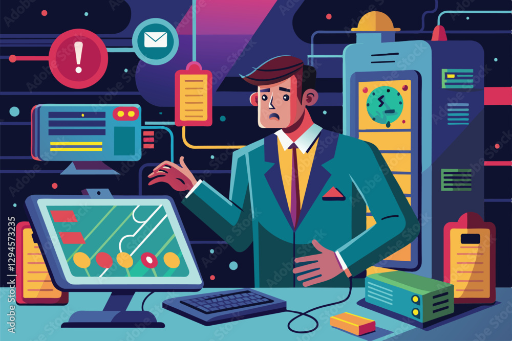 Poster a man in formal attire appears troubled as he confronts a system error on his computer screen, man e